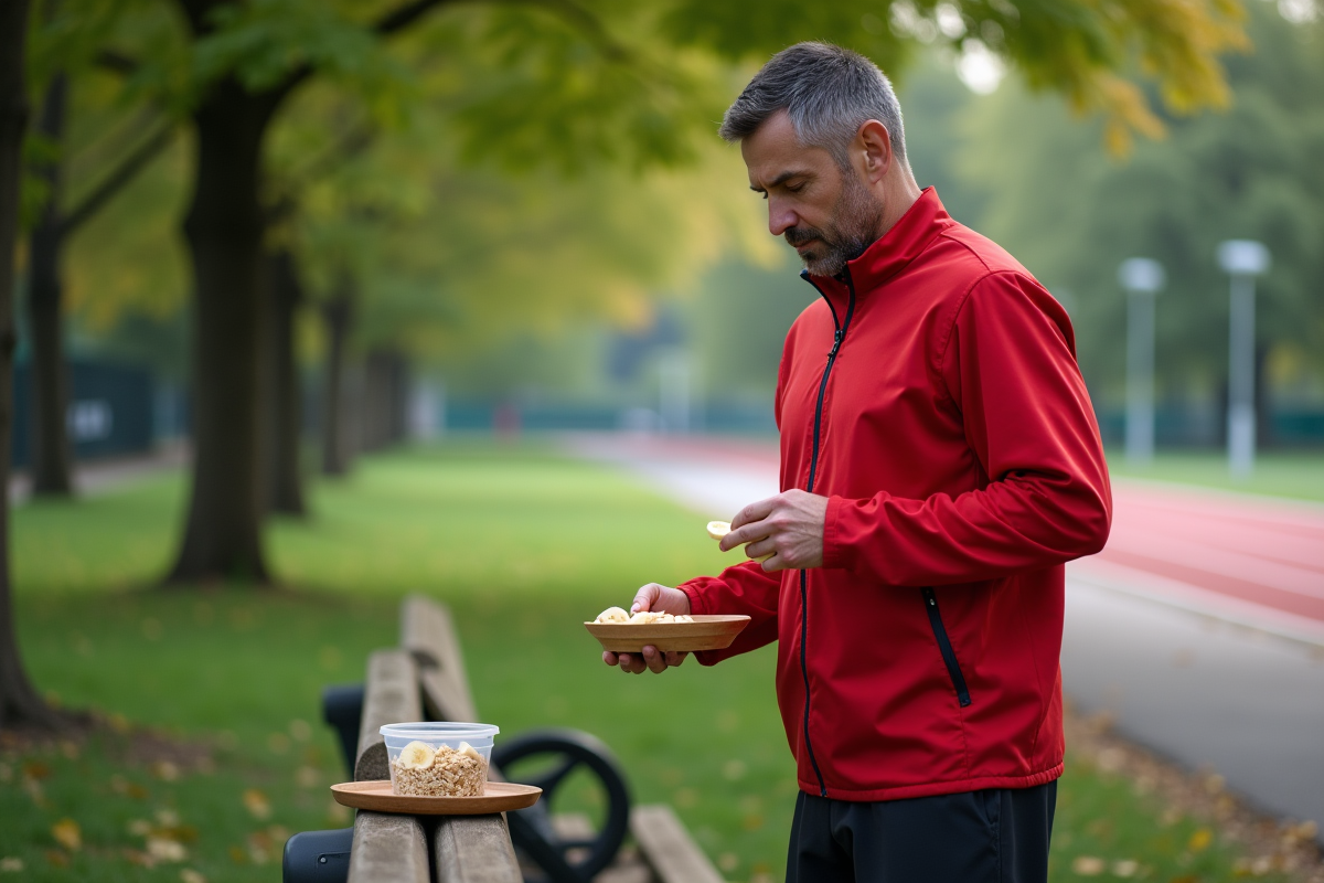 Homme coureur préparant son petit déjeuner avant la course dans le parc