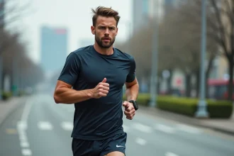 Coureur masculin vérifiant son allure sur une montre GPS pendant un semi-marathon en ville