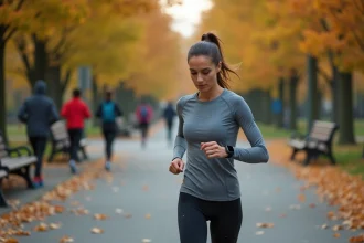 Coureuse consultant sa montre GPS pendant un jogging en ville pour calculer son allure en km/h