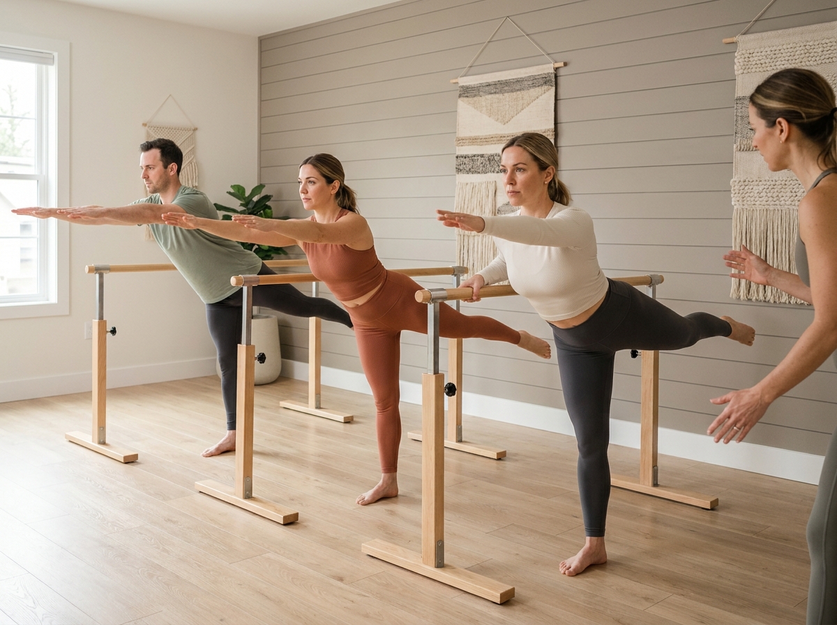 Groupe de trois adultes pratiquant la barre au sol en studio de Pilates pour renforcer les muscles du dos