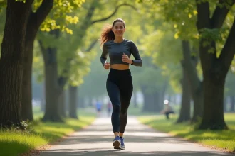 Jeune femme courant dans un parc urbain au matin