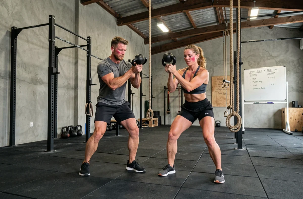 Deux athlètes faisant des kettlebell swings au CrossFit Salon-de-Provence avec une salle fonctionnelle en arrière-plan