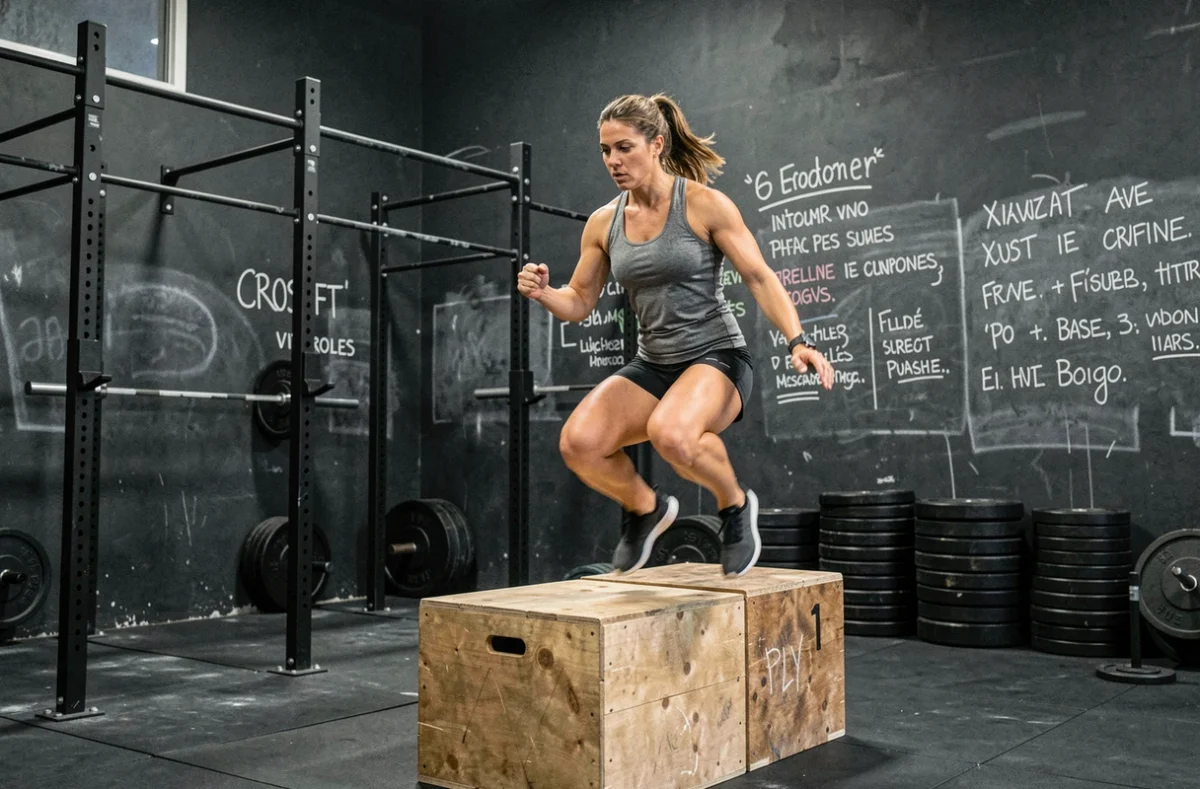 Une femme réalisant un box jump dans la salle CrossFit Vitrolles avec des équipements fonctionnels en arrière-plan