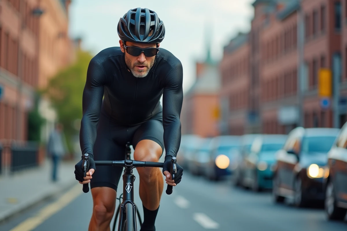 Homme cycliste en tenue sportive pédalant sur une piste cyclable urbaine pour une activité cardio efficace