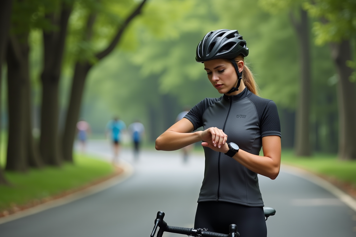 Cycliste femme vérifie sa smartwatch en plein air