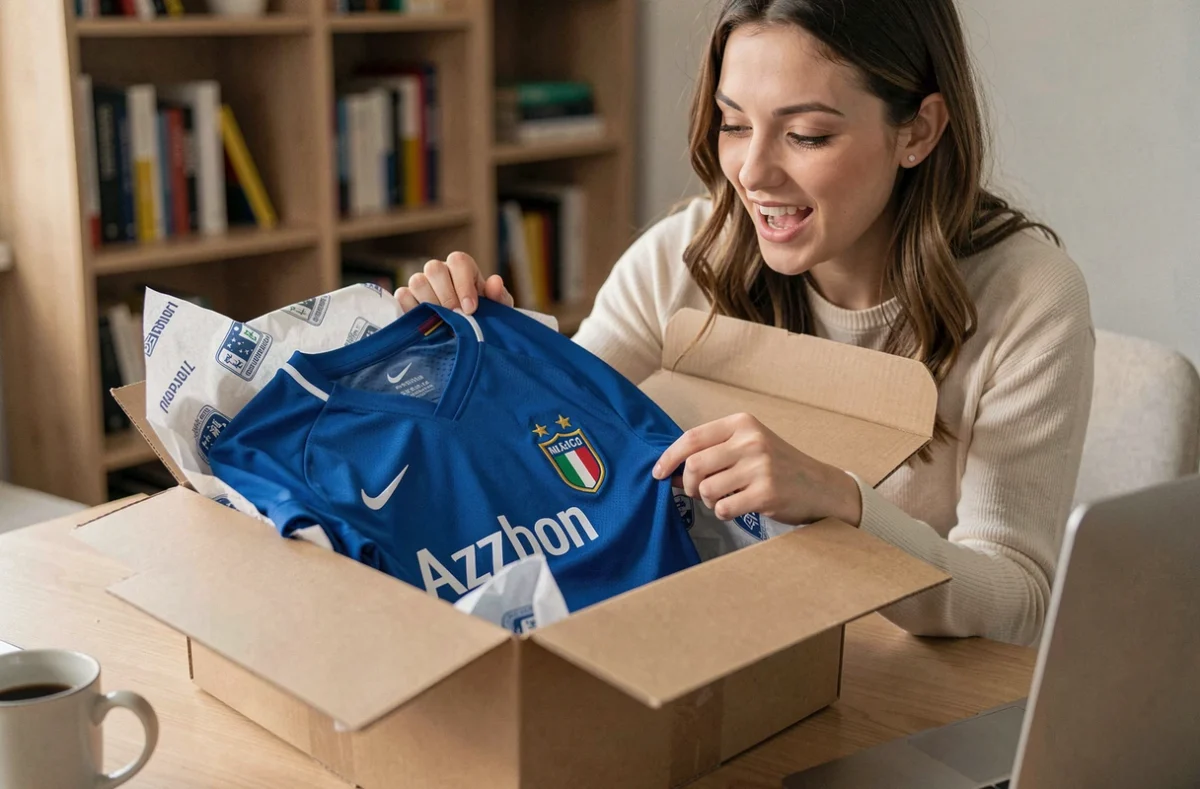 Une femme déballage un maillot officiel de l'équipe d'Italie de football commandé en ligne, découvrant l'emballage authentique avec le badge de la fédération brodé
