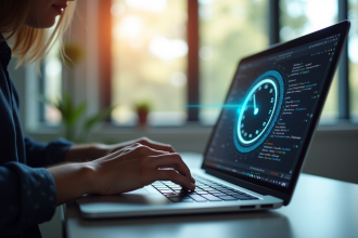 Développeur travaillant sur un laptop moderne dans un bureau lumineux