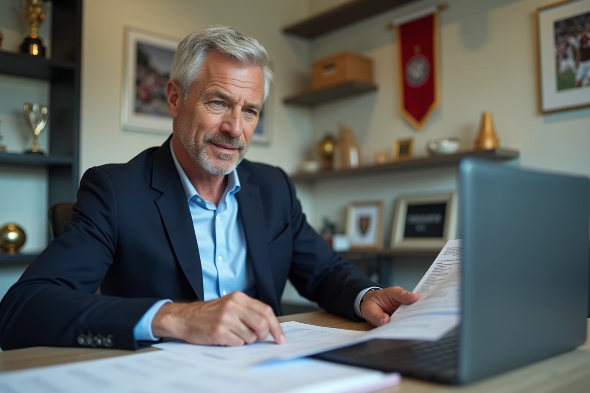 Directeur sportif d'un club de football étudiant des documents de transfert dans un bureau officiel, contexte mercato Valenciennes FC 2026