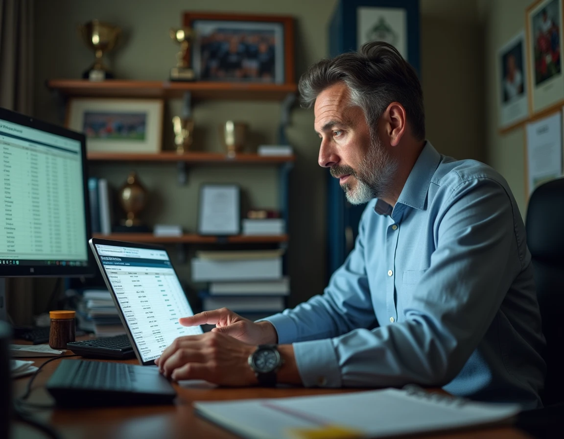 Dirigeant de club de National 2 analysant les salaires des joueurs sur un ordinateur portable dans un bureau de club de football
