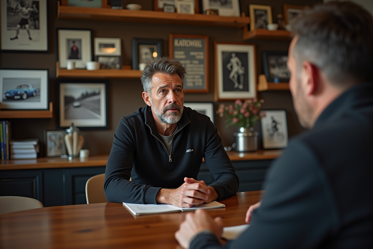 Homme sportif en discussion avec un journaliste dans une ambiance chaleureuse