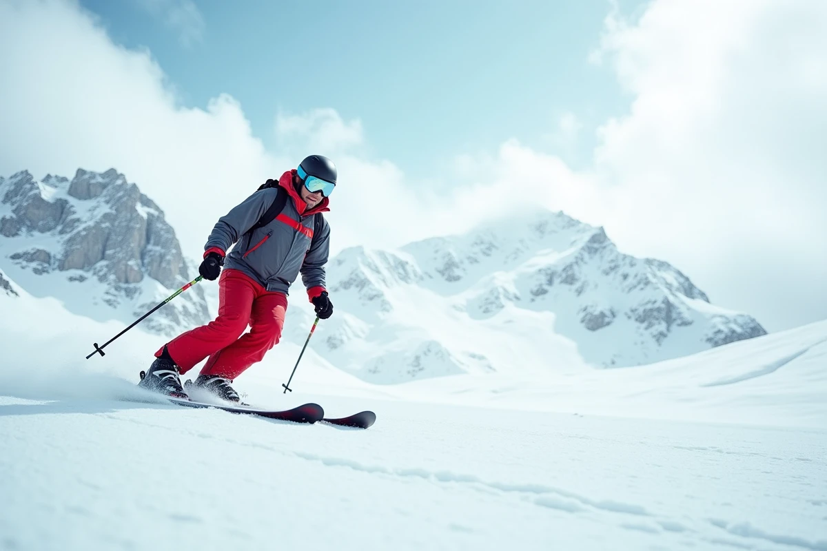 Skieur sur le domaine glacier des Deux Alpes avec panorama de neige éternelle en arrière-plan