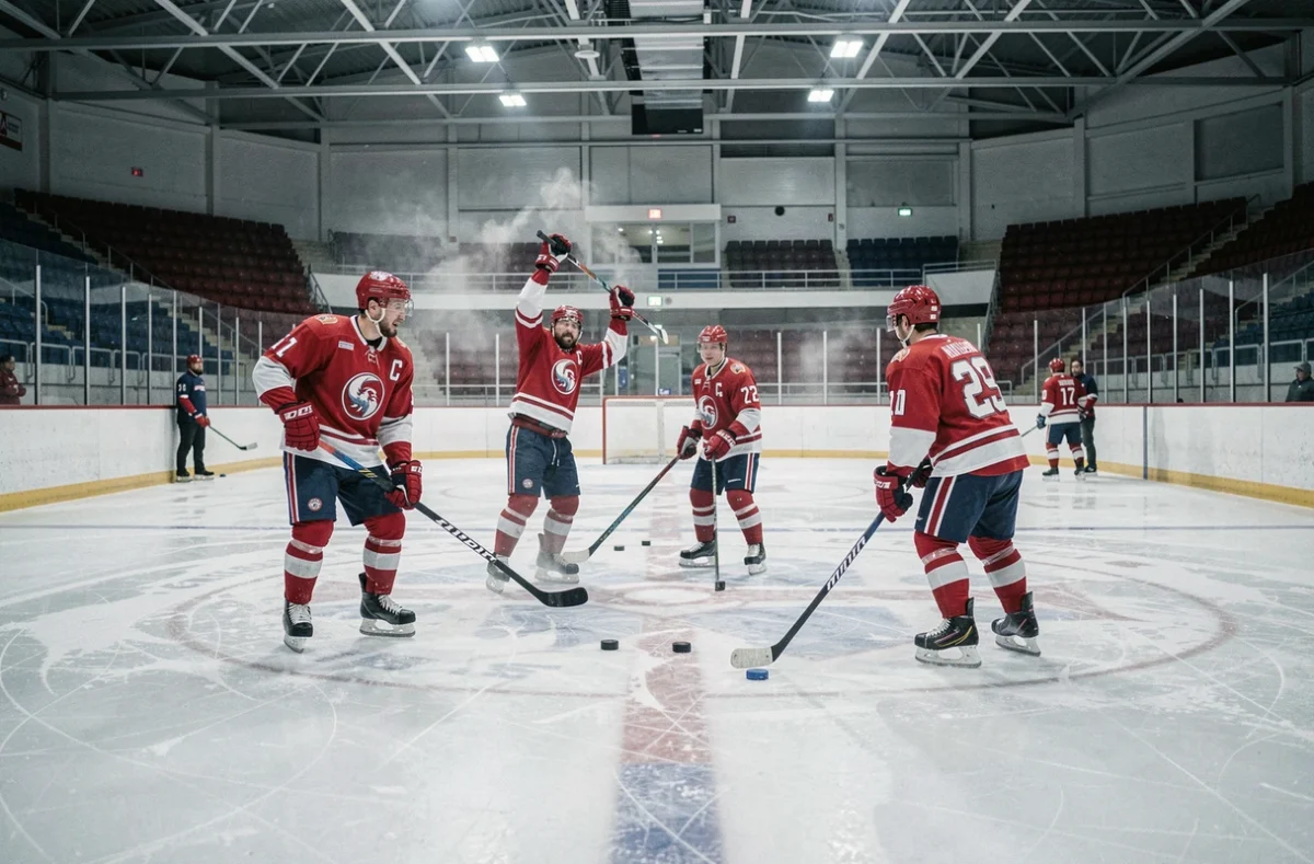 Groupe de joueurs de hockey sur glace en train de s'échauffer sur la patinoire avant un match, patinant en cercle avec leurs équipements complets