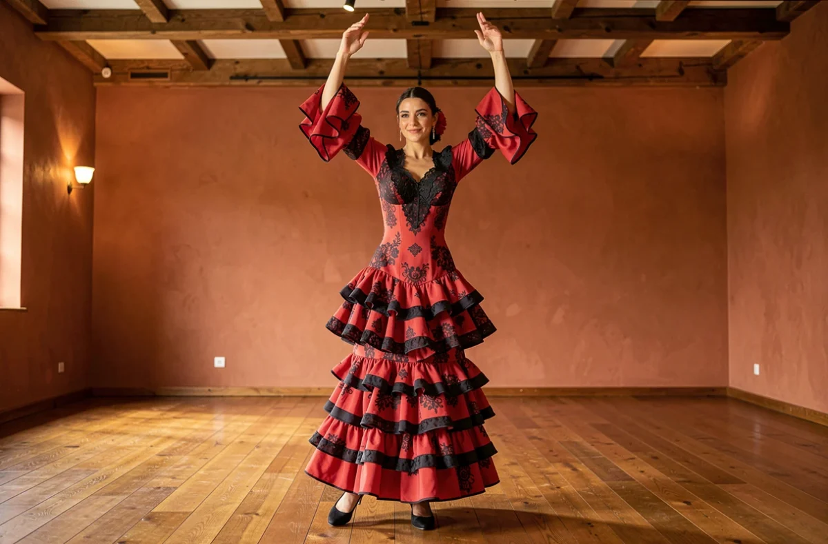 Danseuse en robe à volants rouges dans une pose de flamenco à l'École de Danse Christina Crasto à Lille