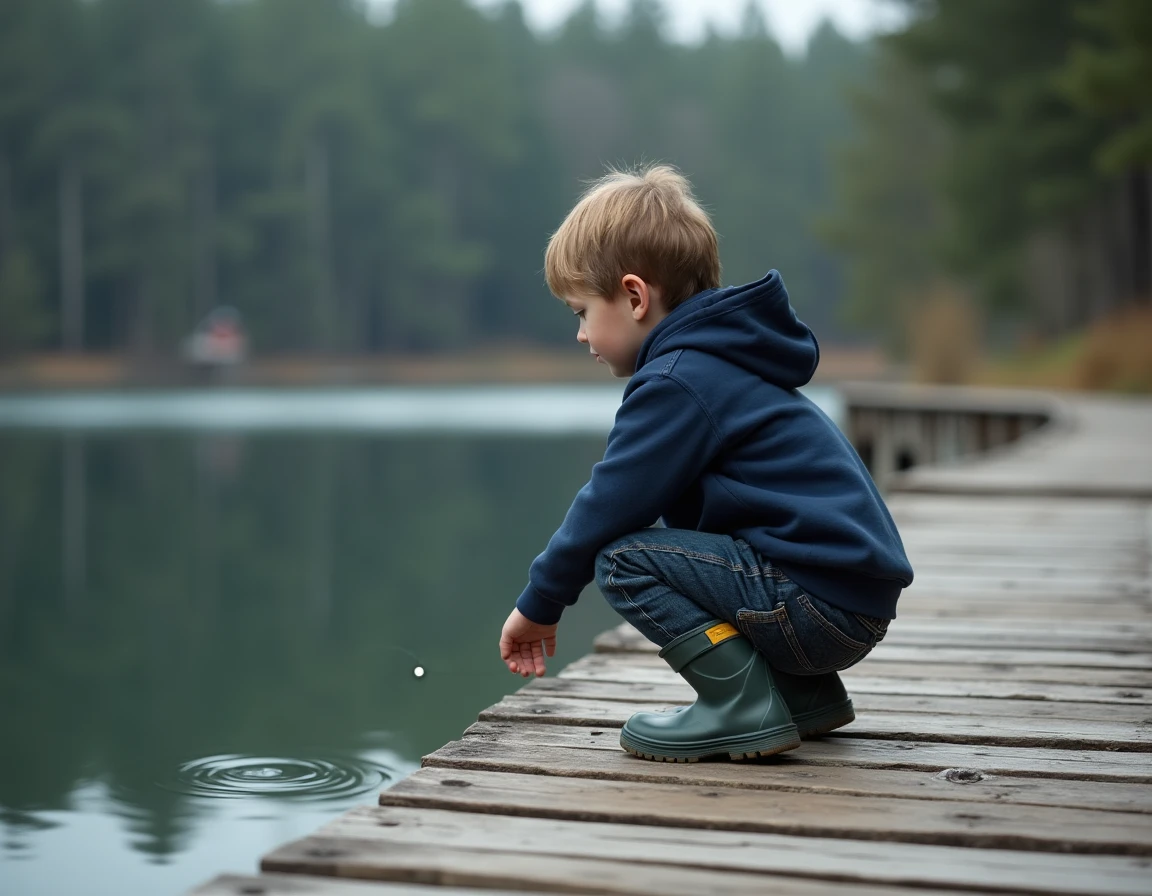 Jeune garçon pêchant au bord d'un lac tranquille sur un ponton en bois, carte de pêche tarif enfant 2026