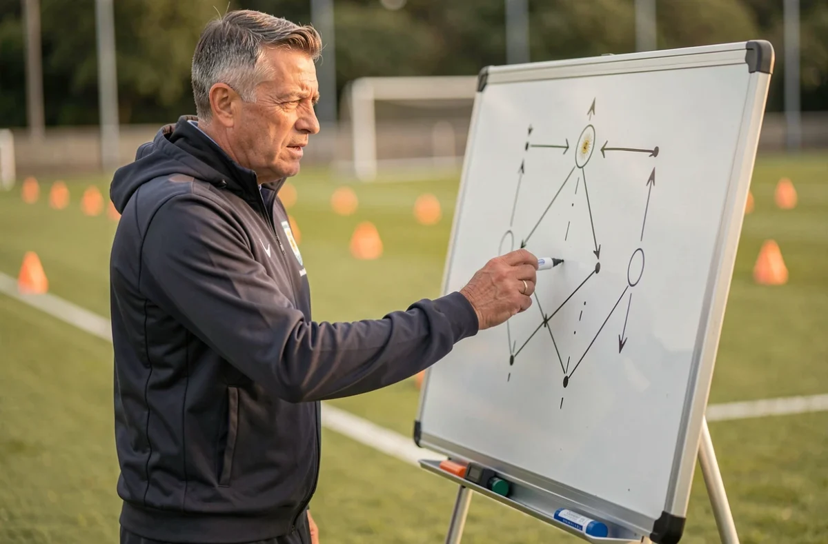 Entraîneur de l'Argentine expliquant la tactique devant un tableau de jeu lors d'une séance d'entraînement