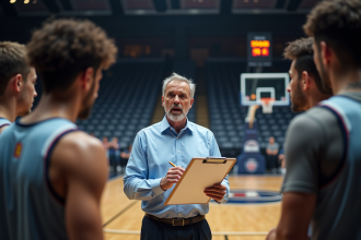 Entraineur de basketball dessinant des tactiques sur un tableau