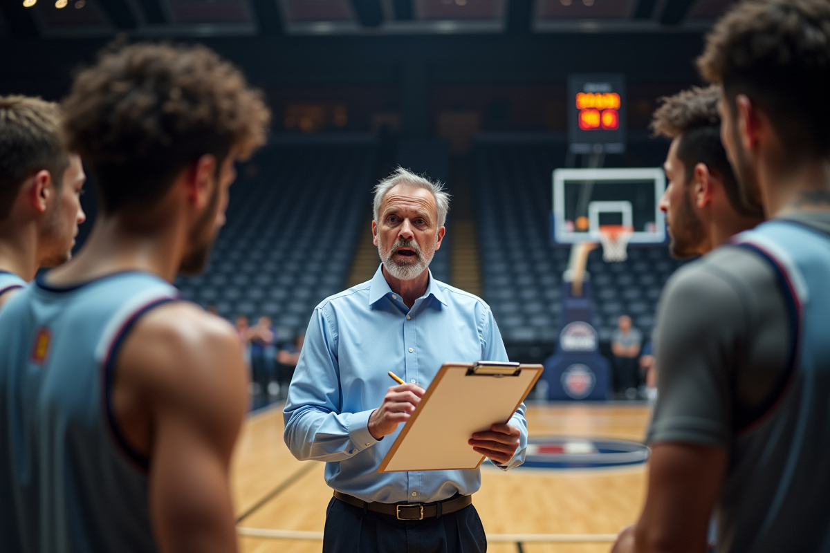 Entraineur de basketball dessinant des tactiques sur un tableau