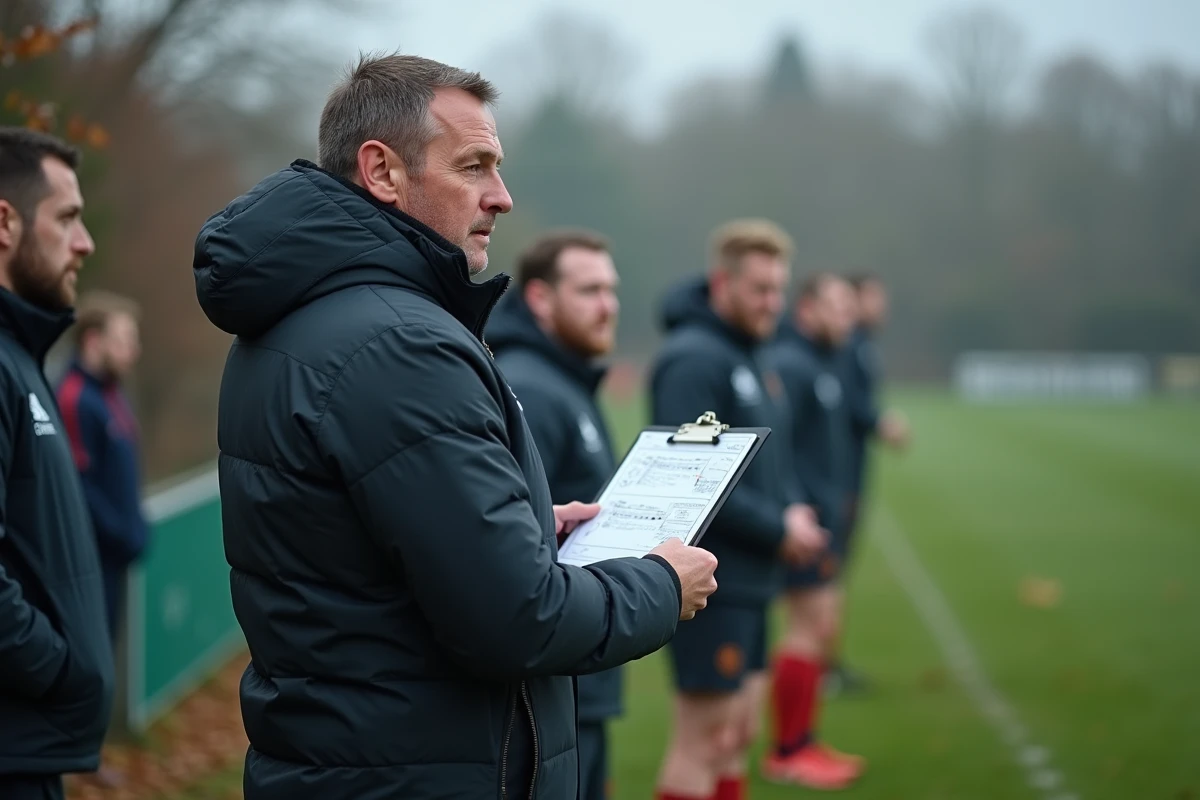 Entraîneur de rugby concentré en bord de terrain lors d'un match de Fédérale 2 en automne