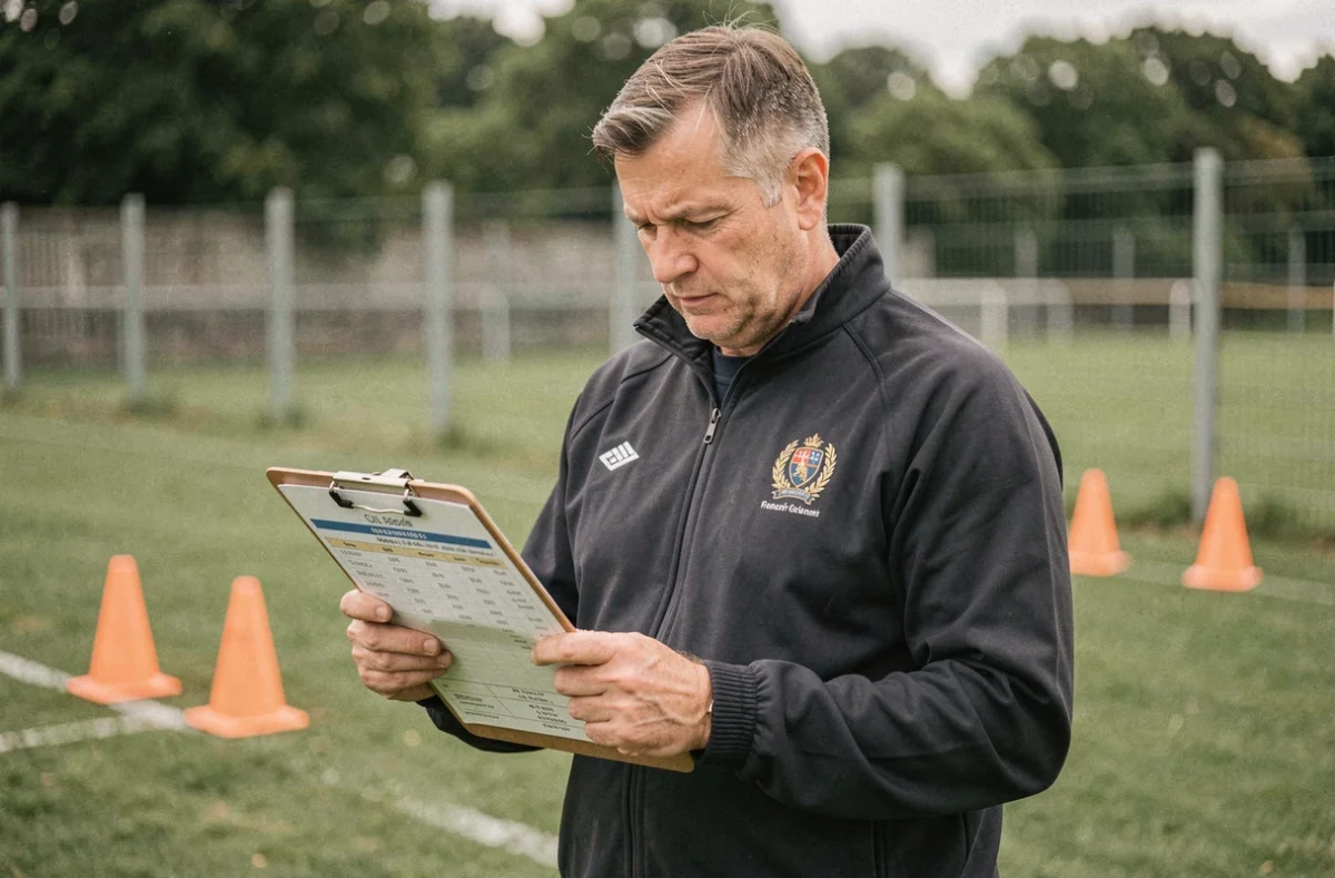 Entraîneur de rugby consultant le calendrier de la saison Fédérale 2 en bord de terrain, club amateur français