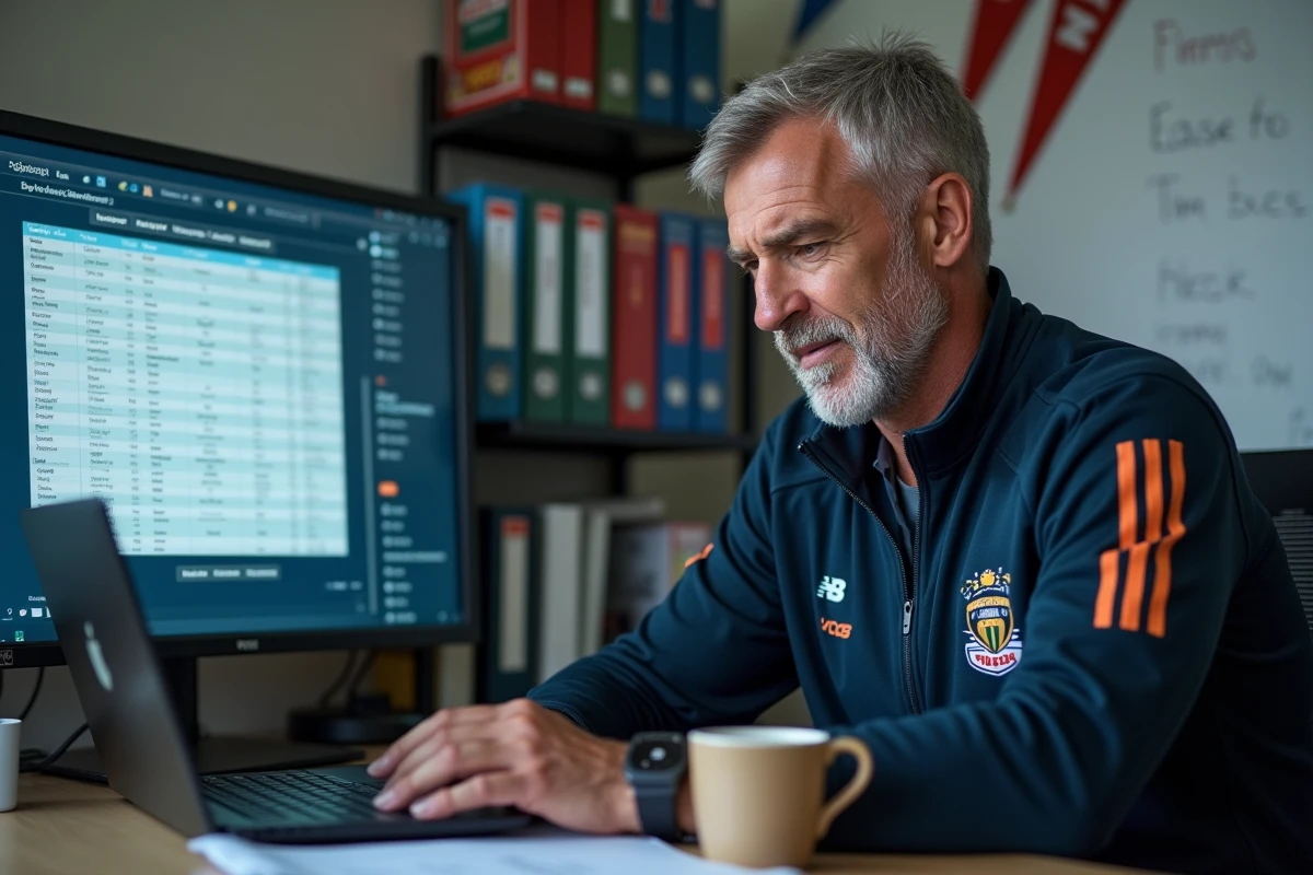 Entraîneur de rugby National 2 consultant les données de transfert de joueurs sur ordinateur pour la saison 2026