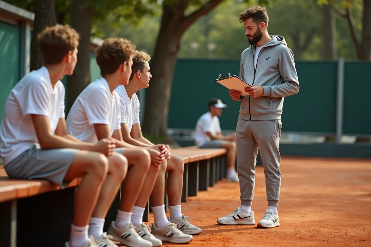 Entraîneur de tennis expliquant la stratégie de set à des élèves lors d'une compétition scolaire