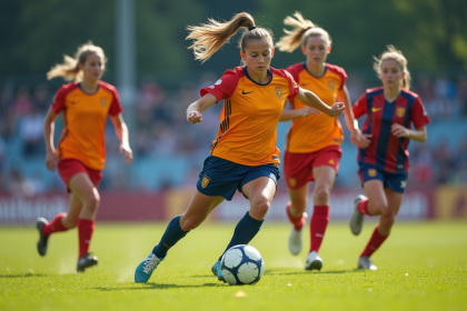 Jeunes femmes jouant au football en extérieur dynamique