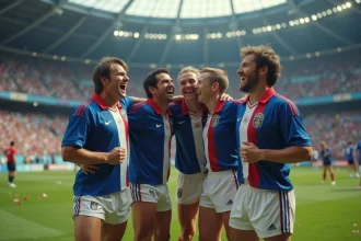 Groupe de joueurs français en 1998 célébrant leur victoire