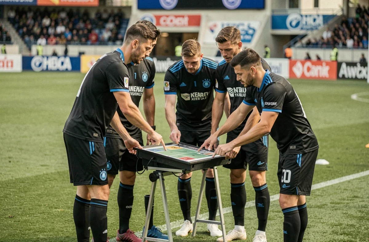 Joueurs de l'Inter Milan discutant d'une tactique autour d'un tableau de jeu en bord de terrain