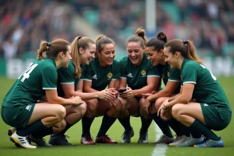 Groupe de joueurs de rugby en équipe sur le terrain