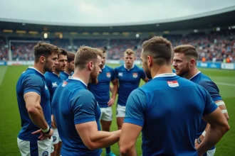 Équipe nationale de rugby U20 en cercle avant un match de la Coupe du monde junior, joueurs concentrés sur le terrain