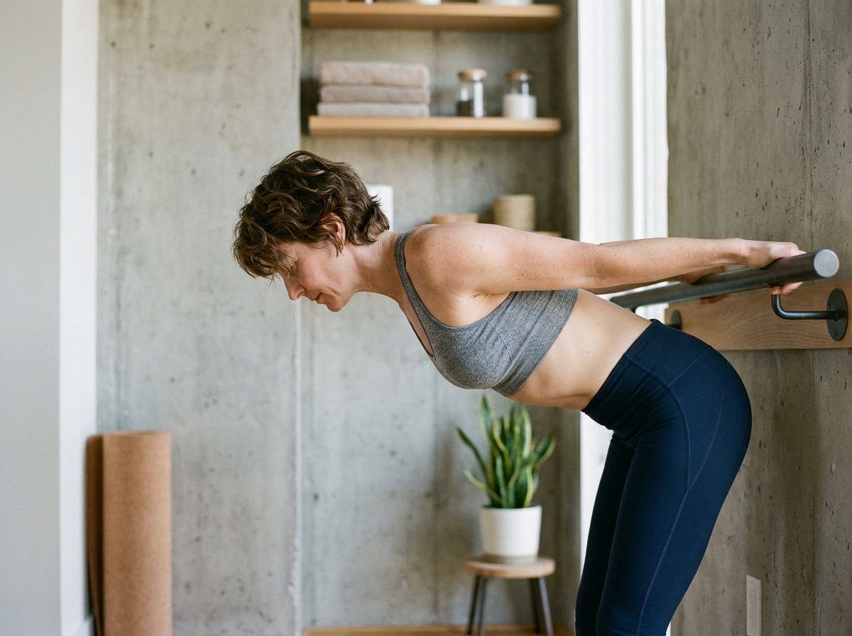 Femme en tenue de sport s'étirant à la barre murale dans un home gym pour renforcer et tonifier son dos