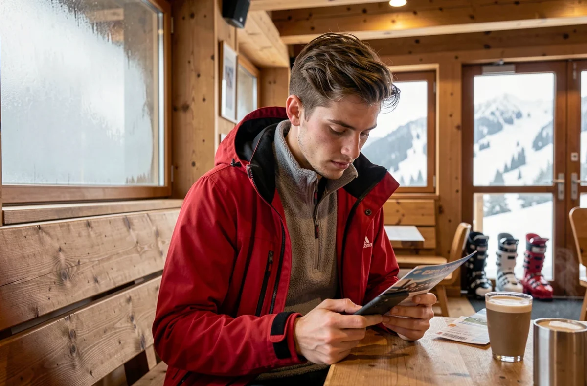 Étudiant consultant les tarifs de forfait ski Pra Loup sur son smartphone dans un chalet de station