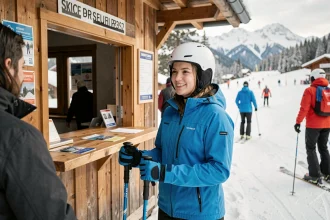 Jeune étudiante achetant un forfait ski à Pra Loup au guichet d'une station de montagne enneigée