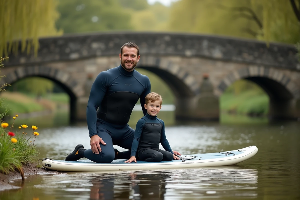Père et fils en paddle sur une rivière bucolique