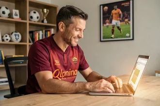 Fan de l'AS Roma consultant les dernières actualités du club en temps réel sur son ordinateur portable