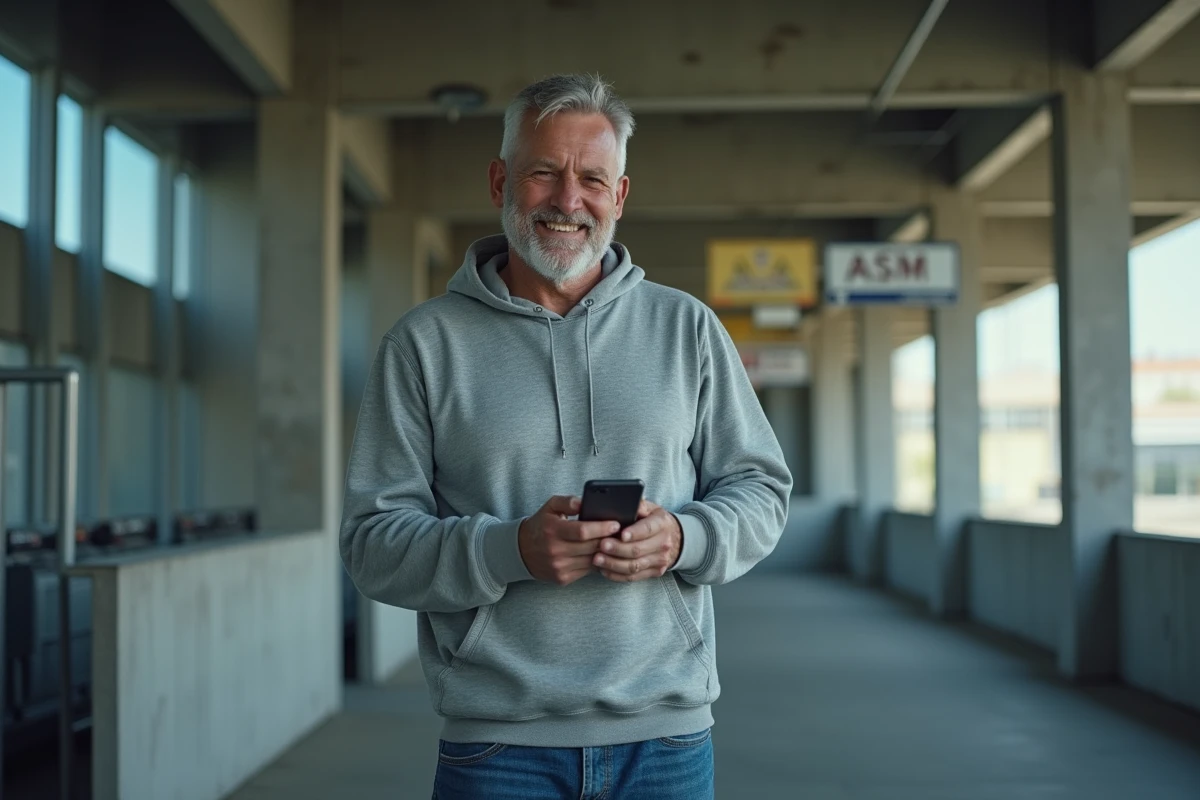 Fan de l'AS Monaco consultant le forum ASM foot sur son smartphone dans le couloir d'un stade