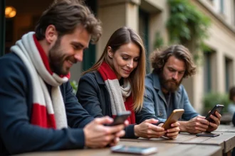 Fans de rugby regardant un match sur leurs smartphones