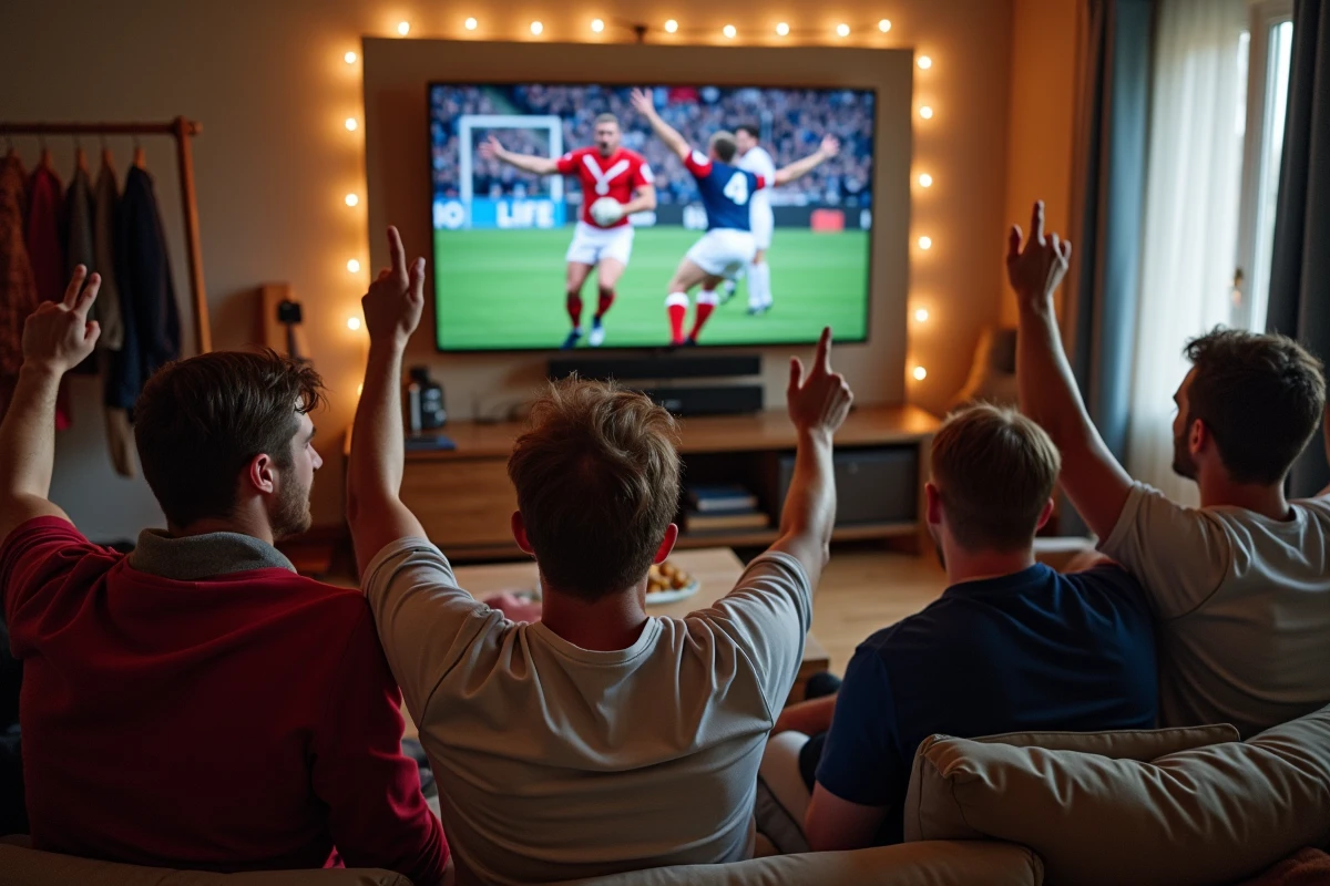 Fans de rugby regardant un match fédérale 3 à la télévision