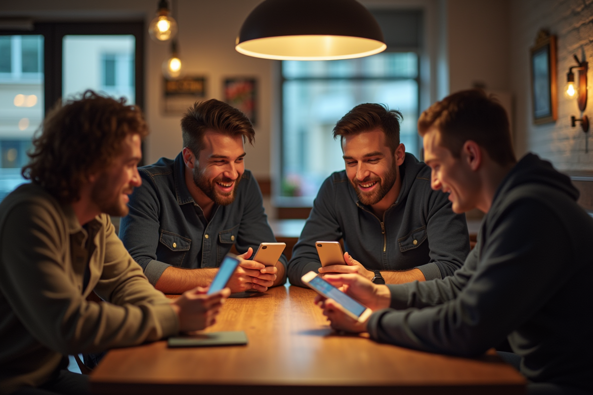 Fans de sport discutant autour d un café avec appareils