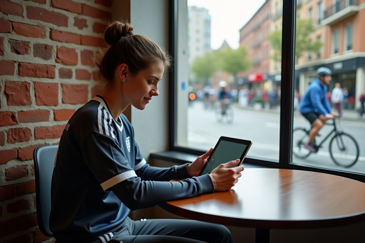 Jeune femme en café regardant une vidéo sportive en direct