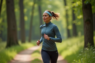 Femme en course dans la forêt avec tenue technique