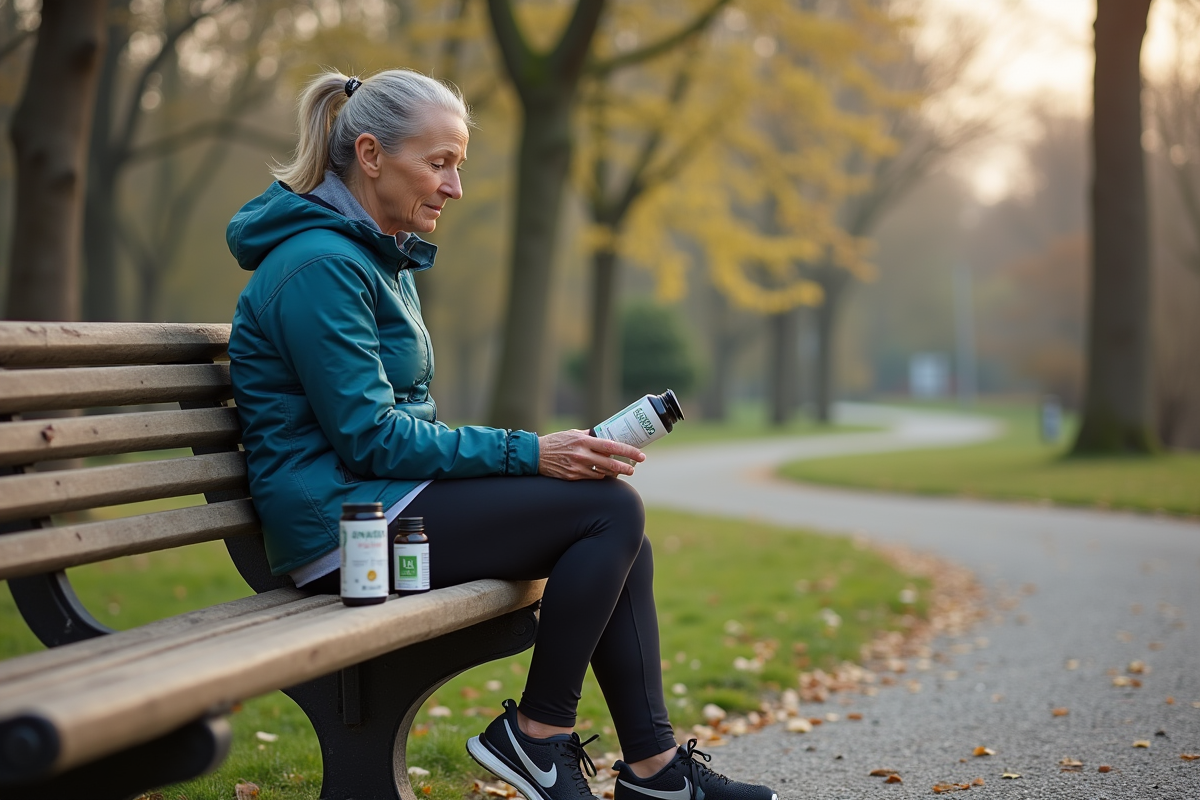 Femme coureuse repose avec compléments omega3 dans un parc