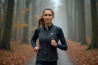 Femme sportive en pleine course dans la forêt avec veste réfléchissante