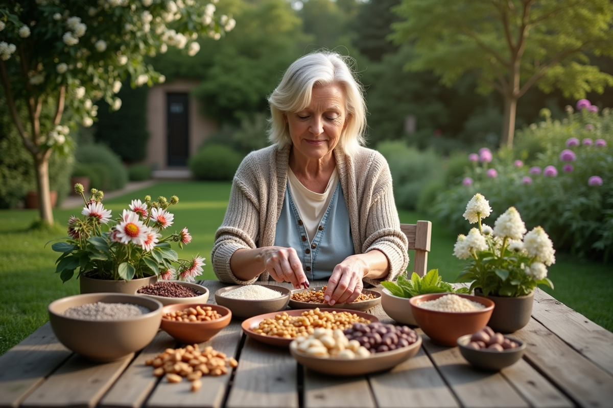 Femme préparant un repas avec des protéines végétales dans le jardin