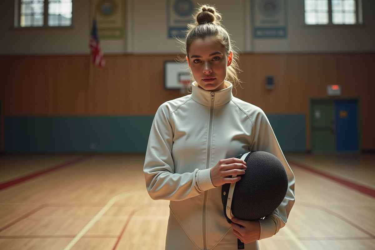 Femme escrimeuse moderne dans un gymnase vintage