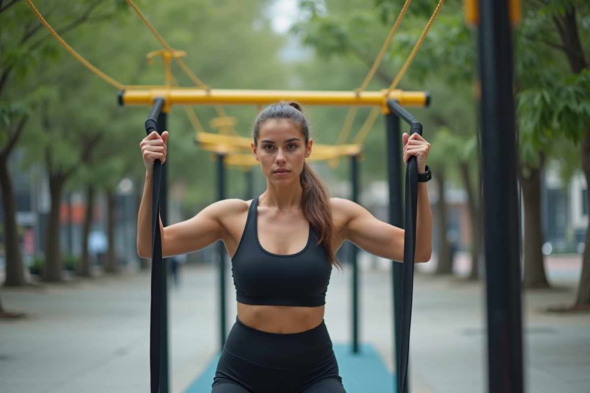 Femme utilisant des bandes de résistance dans un parc urbain
