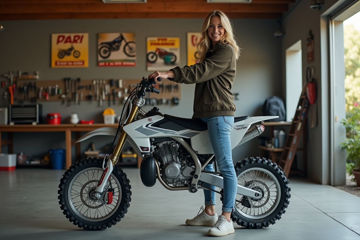 Femme souriante avec moto tout-terrain dans un garage