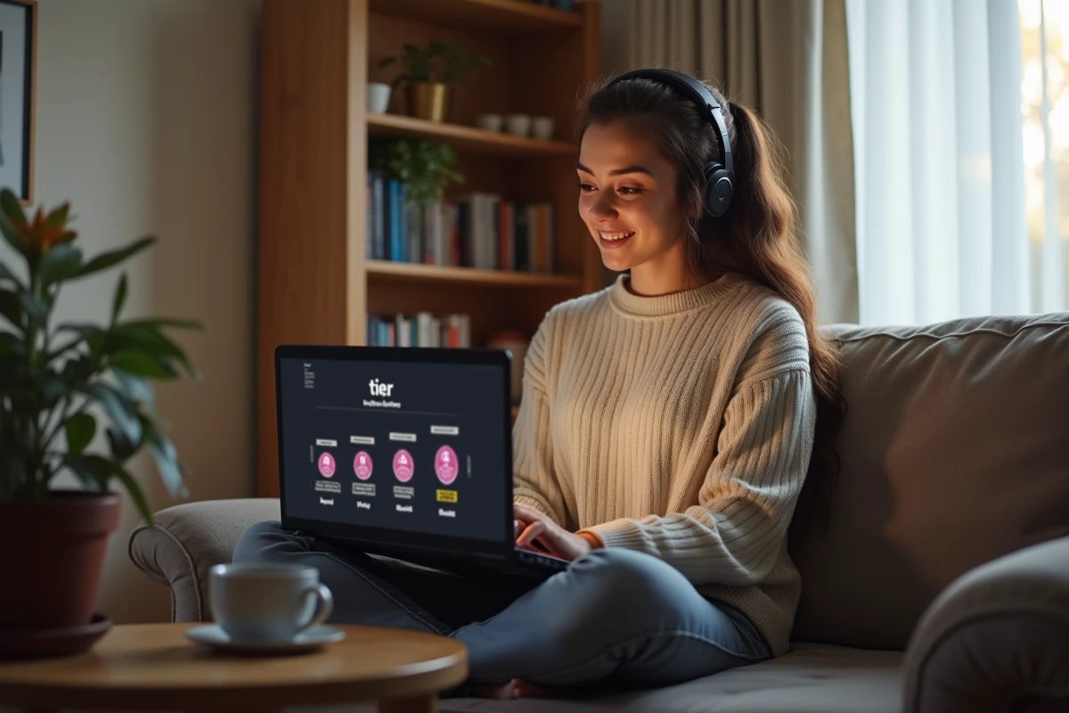 Jeune femme sur un canapé consultant la progression des rangs League of Legends sur son laptop