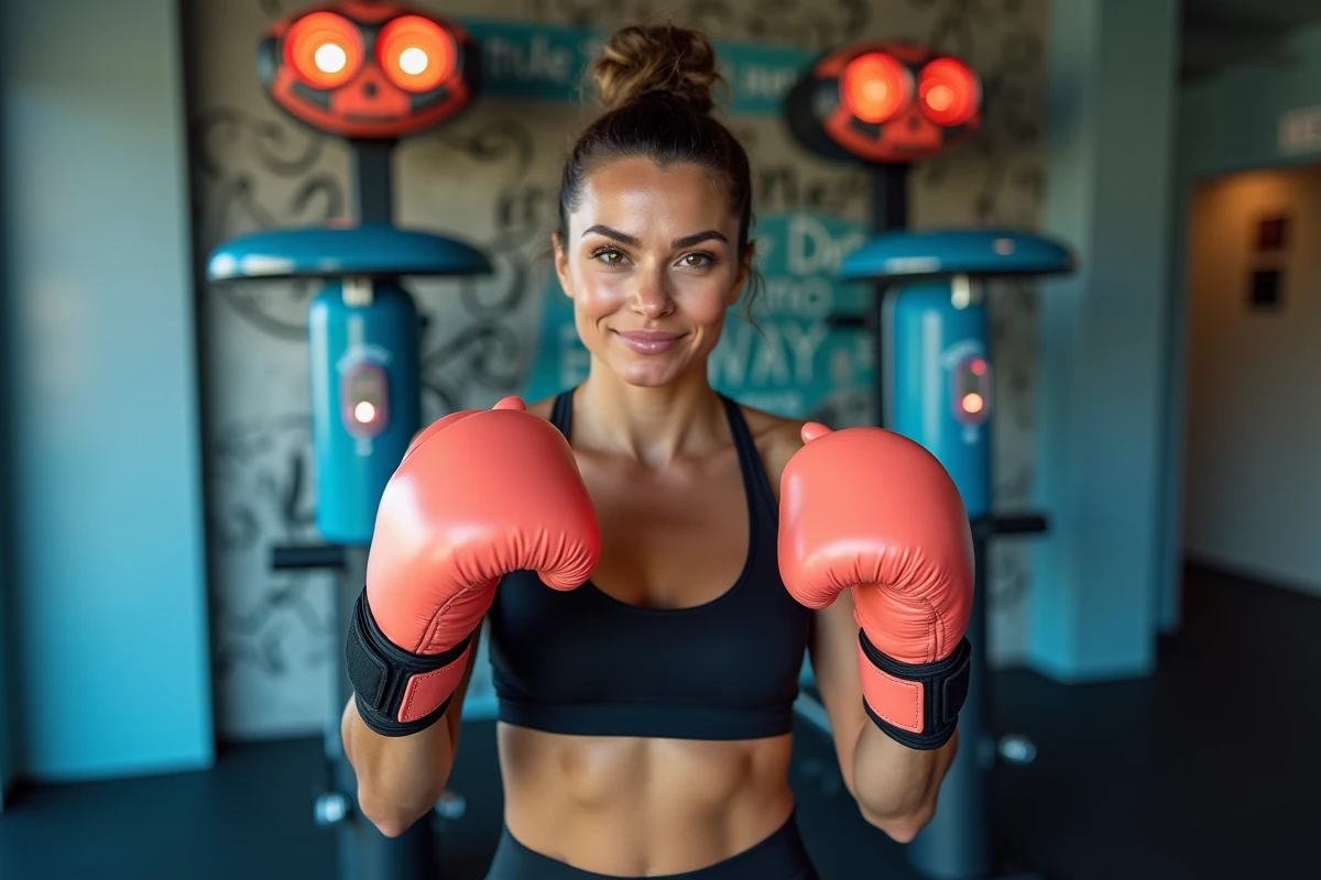 Femme en position de boxe devant une machine de boxe musicale à cibles LED dans un studio de fitness urbain