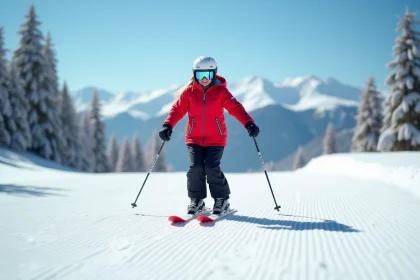 Femme adulte souriante pratiquant le ski sur des mini skis colorés sur une piste damée en montagne
